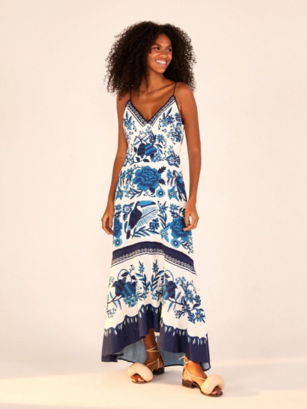Farm Rio Tropical Tiles Maxi Dress Linen Blend Tropical Beach